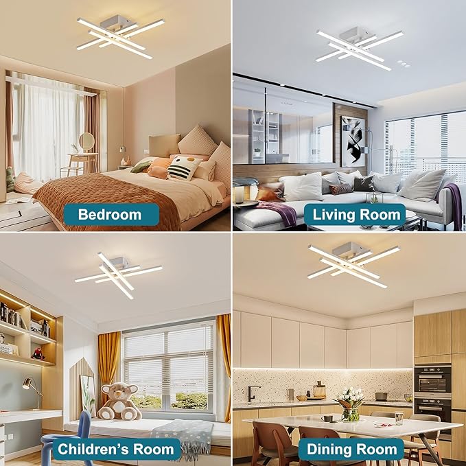 Modern Flush Mount LED Ceiling Light Fixture, Dimmable 24inch Ceiling Lights for Bedroom Living Room Kitchen, 4-Light White Ceiling Lamp LED Small Chandelier Ceiling Light with Remote, 2000lm