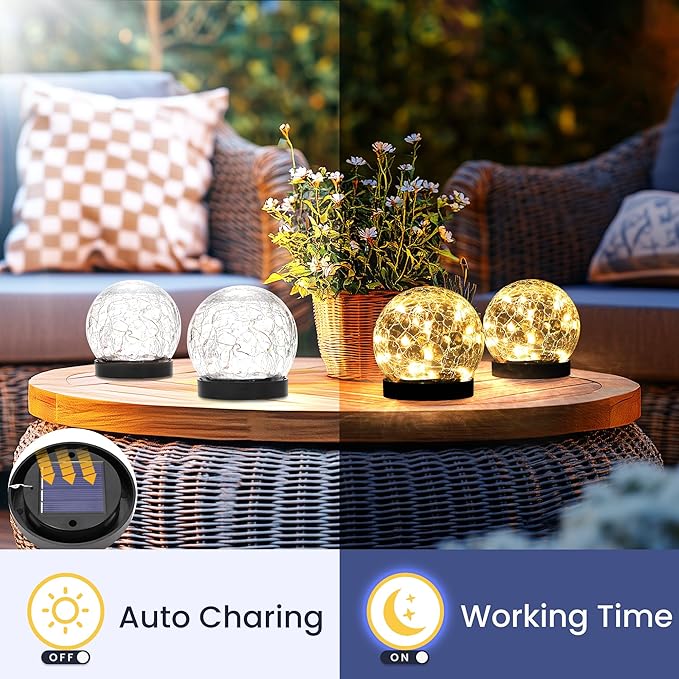 Solar Lights Outdoor for Yard Patio Porch, Garden Decor Birthday Gifts for Mom Women, Solar Globe Lights Waterproof Cracked Glass Ball Outdoor Decorations Balcony Backyard (4 Pack Warm White)