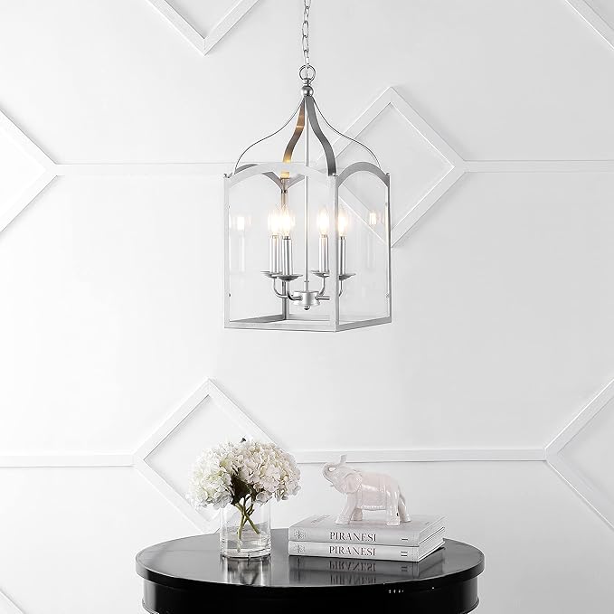 JONATHAN Y 11" Silver 4-Light Traditional Lantern Pendant Light, Metal and Clear Glass Shade, Classic Chandelier for Foyer, Kitchen Island, LED Bulbs Included (JYL7403B)
