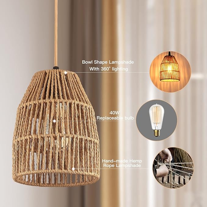 Plug in Pendant Light, Hanging Lights with 15ft Golden Cotton Cord & Stepless Dimming Switch, Handwoven Hemp Rope Lampshade, Boho Hanging Lamp for Bedroom,Hallway (Bulb & 2 Swag Hooks Included)