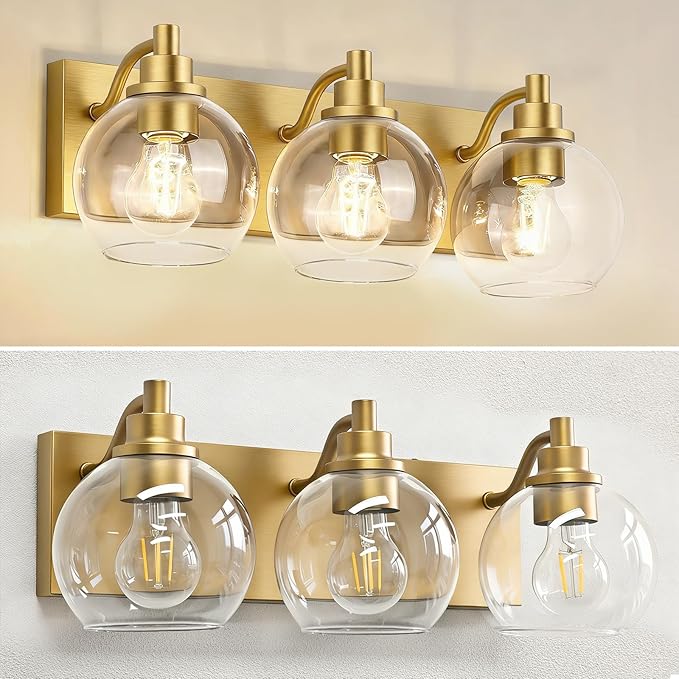 IZORRO Bathroom Light Fixtures, 3 Light Brushed Gold Vanity Light, Modern Wall Sconces with Globe Clear Glass Shade, Vanity Lighting Fixtures Over Mirror,E26 Bulb Socket