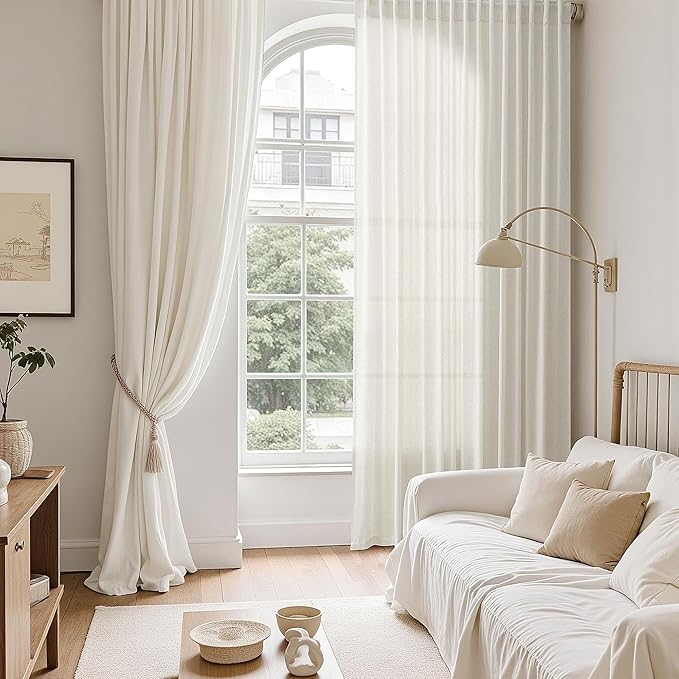 Nanspring Natural Linen Curtains for Living Room 100 Inches Long Rustic Farmhouse Decor Light Filtering Semi Sheer Curtain Back Tab and Rod Pocket Luxury Drapes for Bedroom Office 52x100, 2 Panels