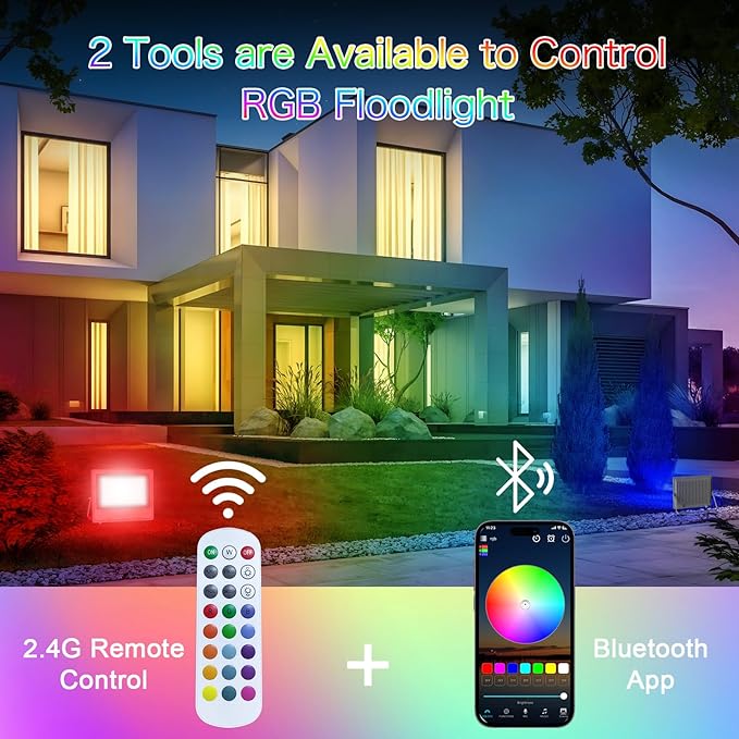 RGB LED Flood Lights Outdoor, 150W (1400W Equivalent) Color Changing Smart Lights, 15000LM, Bluetooth App & 2.4G Remote Control, IP66 Waterproof, Music Sync, Timer, 16 Million Colors(2-Pack)
