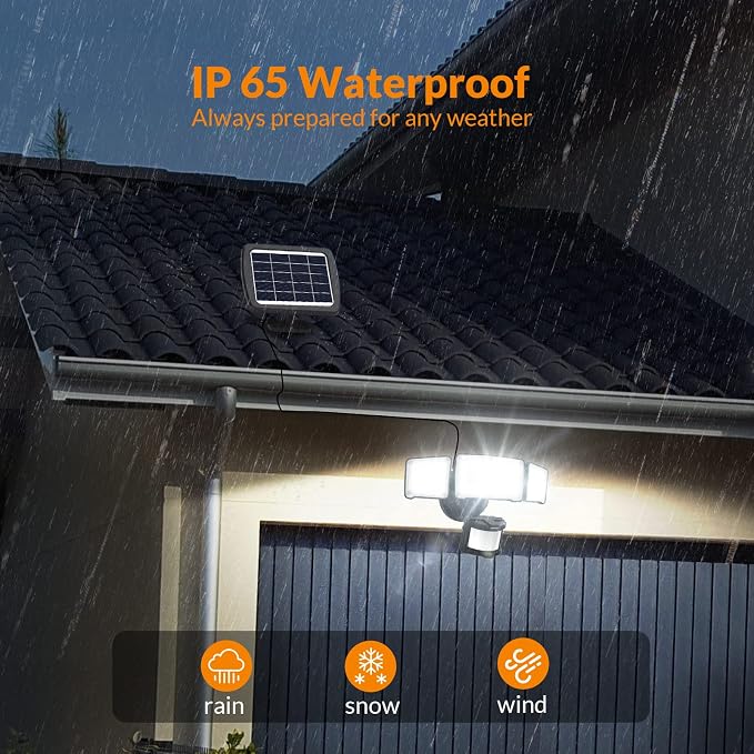 LEPOWER 1600LM LED Solar Security Lights Motion Outdoor, 5500K White Light, IP65 Waterproof Outside Flood Solar Light for Yard, Garage（Black）