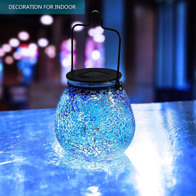 Bshine Mosaic Solar Lantern Outdoor Hanging Waterproof, Fragmented Glass Blue Mosaic Light Valentine's Day Indoor Decor Table, Garden Decor for Yard Outside, Lawn, Birthday Gift for Mom Gardening