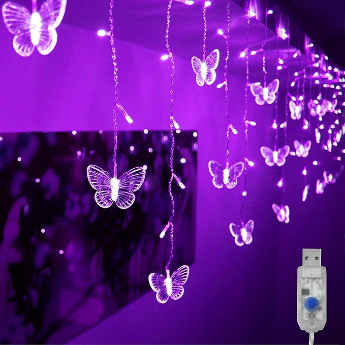 Butterfly Curtain Lights, 4.9ft 48 LED USB Window Fairy Lights 10 Butterflies 8 Modes Firefly Twinkle String Lights for Room Bedroom Wall Ceiling Party Wedding Christmas (Purple)