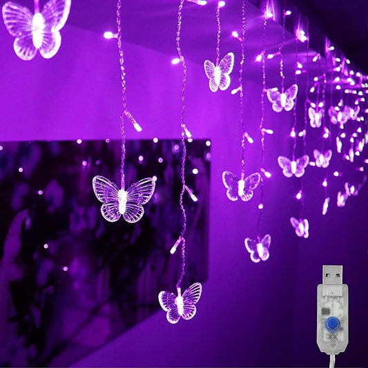 Butterfly Curtain Lights, 4.9ft 48 LED USB Window Fairy Lights 10 Butterflies 8 Modes Firefly Twinkle String Lights for Room Bedroom Wall Ceiling Party Wedding Christmas (Purple)