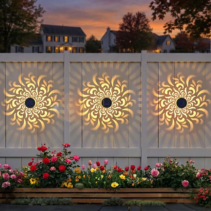 Solar Fence Lights 4 Pack Outdoor Deck Step Wall Lights Metal Waterproof LED Warm Yellow Light for Garden Post Patio Backyard Yard Decor (Mandala-5, 4)