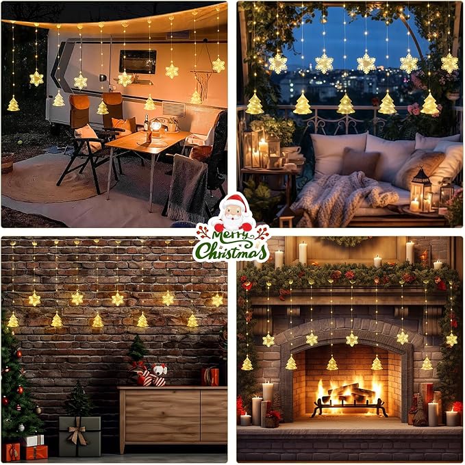 BLOOMWIN Christmas Window Lights Indoor - 2M 160 LED Christmas Window Decorations, Snowflake Curtain Hanging Fairy String Icicle Lights for Xmas Noel Bedroom Holiday Home Outdoor, Warm White USB