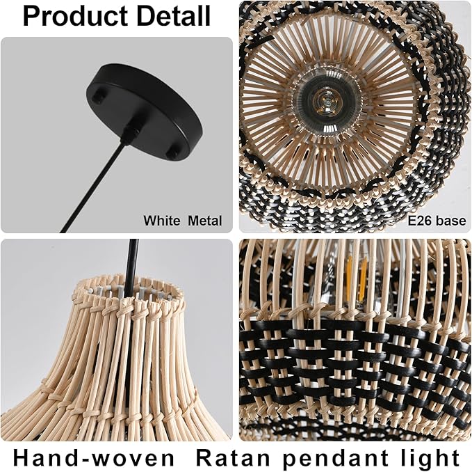 3-Pack Rattan Pendant Light,11" Hand-Woven Black Faux Boho Wicker Pendant Light Mini Rattan Hanging Light Fixture Farmhouse Woven Chandelier for Kitchen Island Bedroom Dining Room
