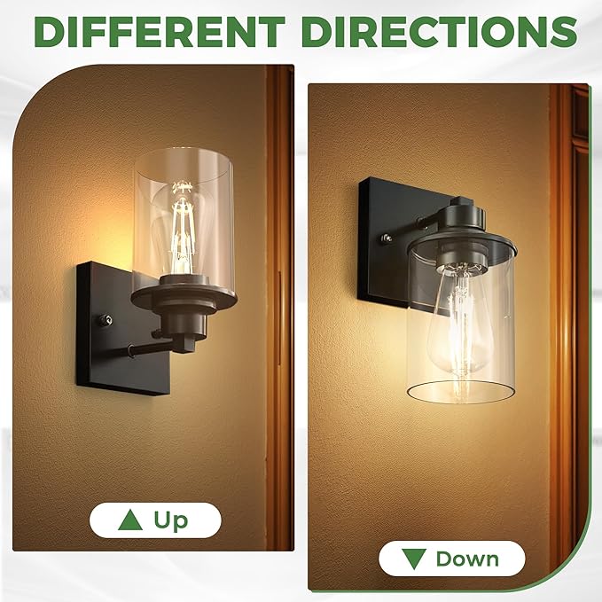 DORESshop Wall Sconces Set of 2 for Bathroom, Modern Vanity Light Fixtures with Clear Glass Shade, Black Wall Mount Lighting Lanterns for Bedroom Living Room Mirror Hallway Kitchen