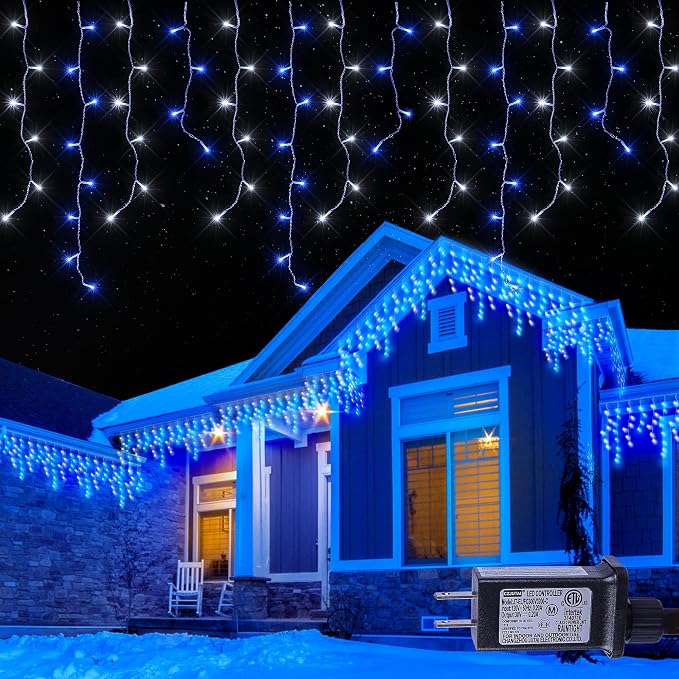 Hopolon 33FT 360 LED Blue White Christmas Icicle Lights,Waterproof Plug in | Outdoor icicle curtain lights with 60 drops, 8 modes, for Christmas, wedding, party, bedroom, garden, wall decor