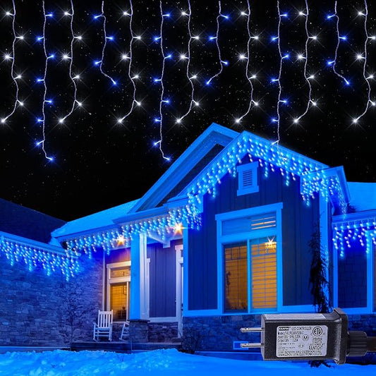 Hopolon 33FT 360 LED Blue White Christmas Icicle Lights,Waterproof Plug in | Outdoor icicle curtain lights with 60 drops, 8 modes, for Christmas, wedding, party, bedroom, garden, wall decor