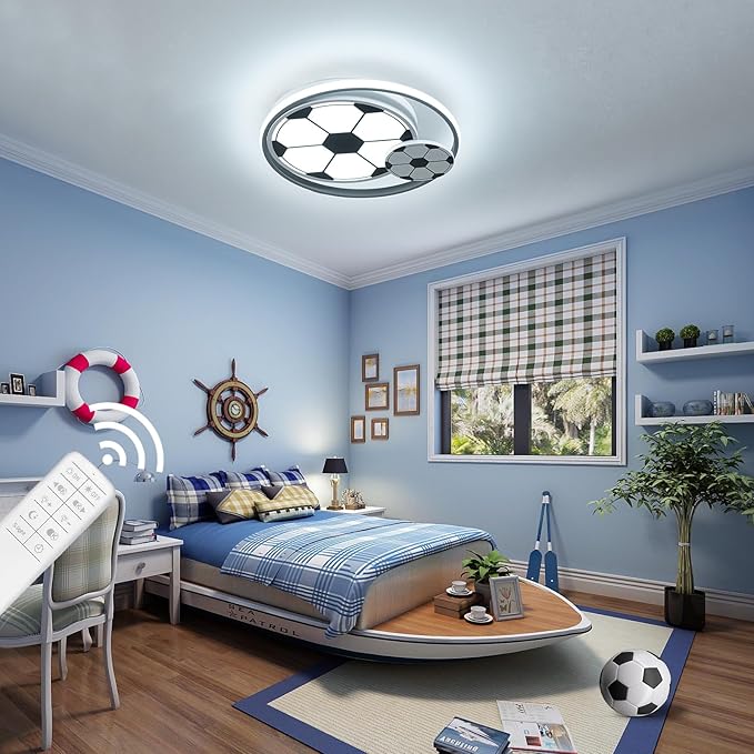 Modern Ceiling Light LED Kids Room Ceiling Lamp for Bedroom Dimmable Soccer Flush Mount Ceiling Light with Remote Control 17" Living Room Light Fixtures for BoysRoom,Kitchen 3000k-6000K