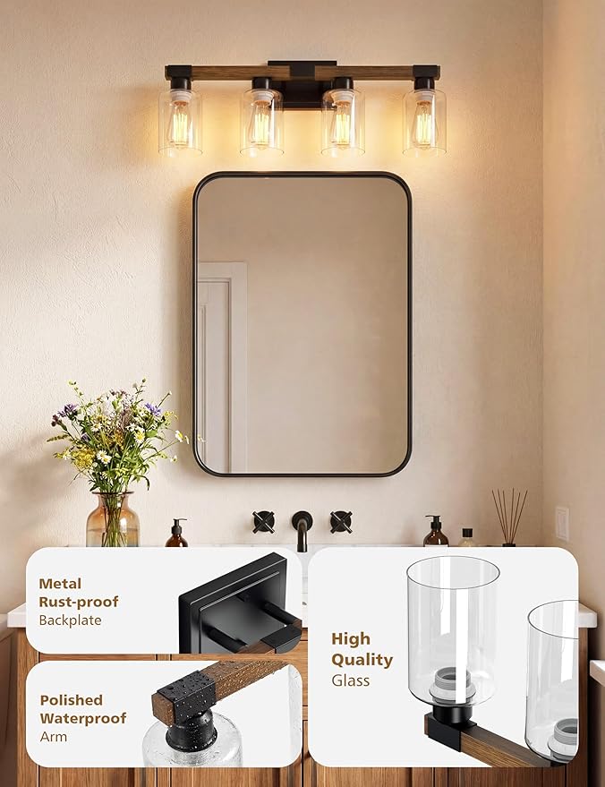 VOLISUN Farmhouse Bathroom Light Fixtures, 4 Light Bathroom Vanity Lights Over Mirror, Rustic Vanity Light for Bathrooms,Wood Bathrooms Lights Fixtures Over Mirror-UL Certificated