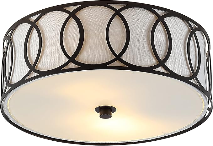 JONATHAN Y 12.25" Oil Rubbed Bronze 2-Light Modern Metal LED Flush Mount Ceiling Light for Bedroom Hallway, White Linen Drum Shade with Geometric Fretwork, LED Bulbs Included (JYL3502C)