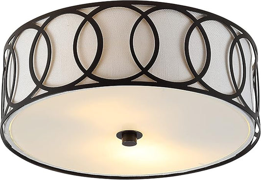 JONATHAN Y 12.25" Oil Rubbed Bronze 2-Light Modern Metal LED Flush Mount Ceiling Light for Bedroom Hallway, White Linen Drum Shade with Geometric Fretwork, LED Bulbs Included (JYL3502C)