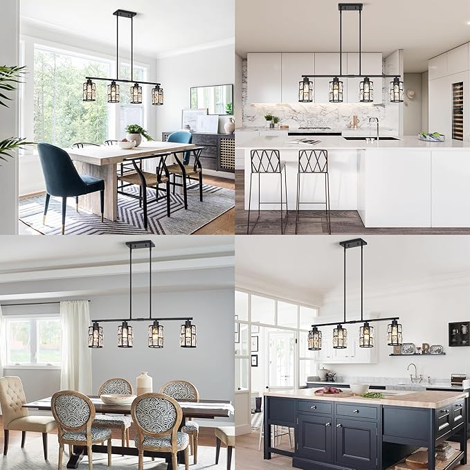 MEXO Crystal Pendant Light Fixture for Kitchen Island Dining Room, Farmhouse Chandelier Matte Black Close to Ceiling Lightings Over Table
