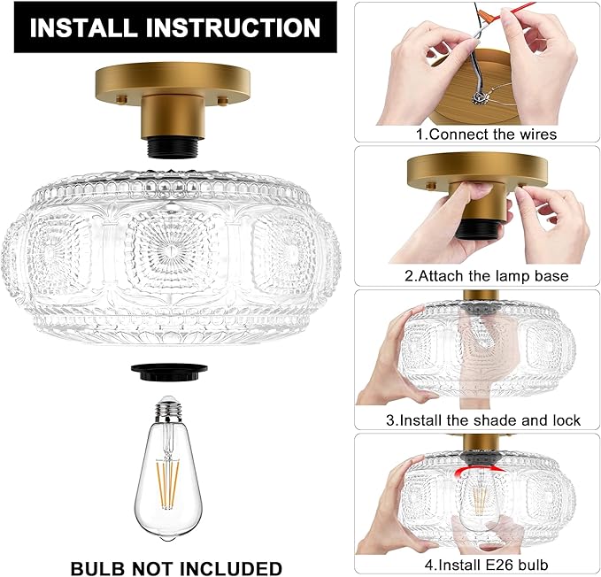 Semi Flush Mount Ceiling Light, Upgraded Larger Gold Glass Ceiling Light Fixture, Vintage Lighting for Hallway Kitchen Bedroom Dining Room, Bulb Not Included