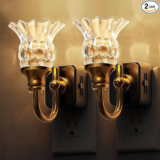 L LOHAS LED Night Lights Plug into Wall, 2 Pack 3000K Soft White LED Floral Night Light with Auto Sensor, 0-100lm Adjustable Brightness Plug in Nightlight, for Hallway Bedroom Stairway Gift