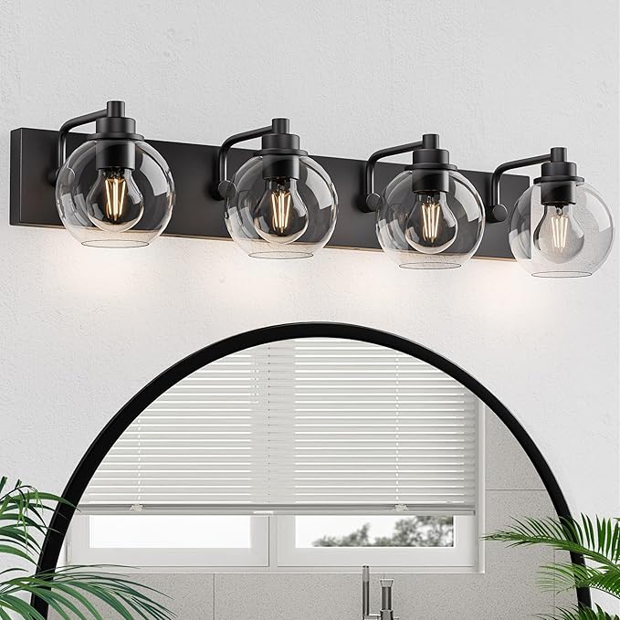 Espird Bathroom Light Fixtures-Matte Black Vanity Lights for Bathroom, Modern Black Vanity Lights 4-Light Bathrooms Lighting Fixtures Over Mirror with Clear Glass Shade