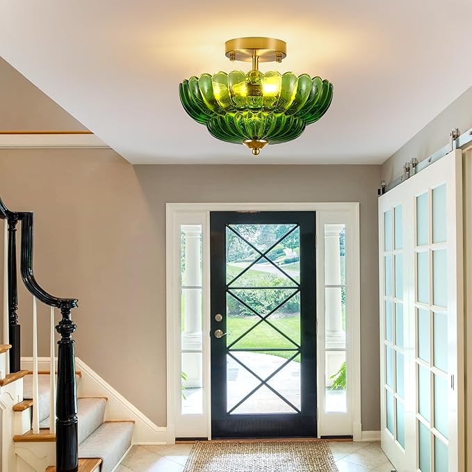 Semi Flush Mount Ceiling Light Green Crystal Glass Fixture - 12" Vintage Gold Close to Ceiling Lamp for Bedroom Hallway Kitchen Entryway, Mid Century Modern Art Deco Lighting (3-Light, E26 Base)