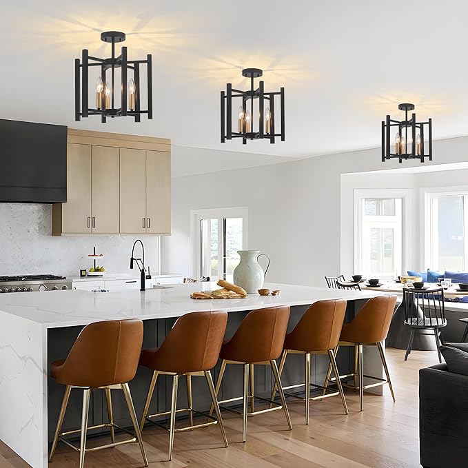 14.6'' Ceiling Light Fixture, 3-Light Black and Gold Semi Flush Mount Ceiling Light Fixture, Modern Farmhouse Industrial Ceiling Light for Hallway Entryway Kitchen Dining Room Bedroom