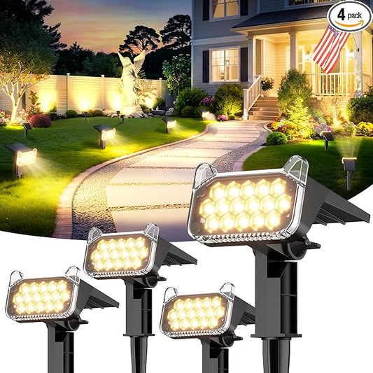 Solar Spot Lights Outdoor Waterproof IP65, 4 Pack Solar Lights Outdoor Larger LEDs 2 Lighting Modes, 2 in 1 Solar Powered Landscape Spotlights for Outside Yard Wall Pathway, Warm White