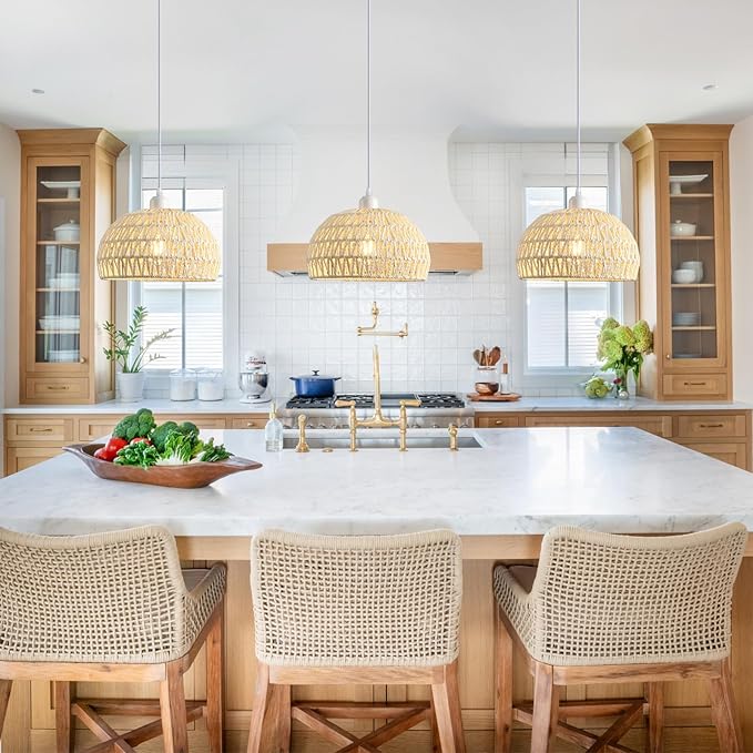 Rattan Pendant Light, Boho Dome Dining Room Chandelier, White Woven Kitchen Pendant Lighting over Island, Coastal Wicker Light Pendant Hanging Light Fixture for Nursery Entryway Bedroom, E26 Base