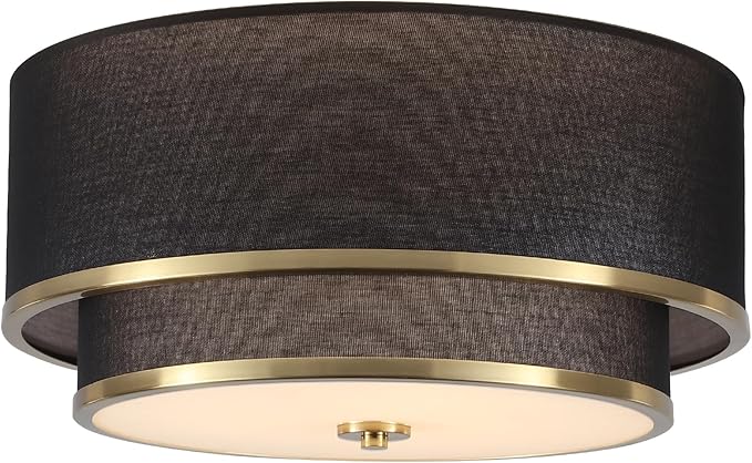 Luupyia 15.75 Inches Drum Ceiling Light Black and Gold, 3-Lights Fabric Simple Semi Flush Mount Ceiling Lights with Double Fabric Shade, Drum Overhead lighting for Bedroom Hallway Living Room E26, 60W