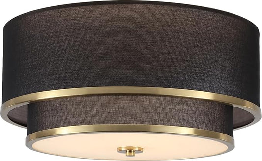 Luupyia 15.75 Inches Drum Ceiling Light Black and Gold, 3-Lights Fabric Simple Semi Flush Mount Ceiling Lights with Double Fabric Shade, Drum Overhead lighting for Bedroom Hallway Living Room E26, 60W