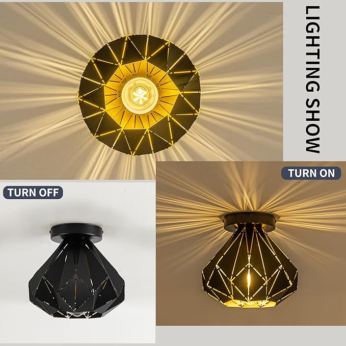 Modern Geometric Ceiling Light, Black Metal Diamond Cage Design, Semi-Flush Mount, Industrial Style, E26, Matte Black with Gold Inside