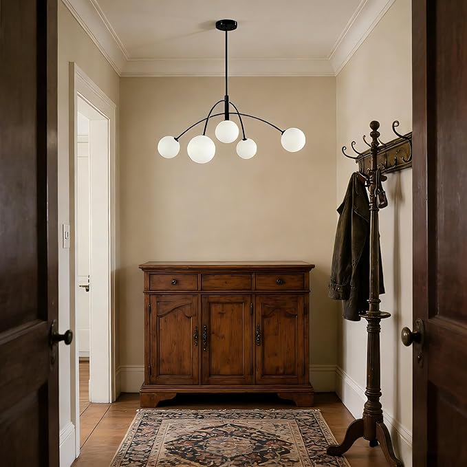 5-Light Contemporary Black Chandeliers for Dining Room Light Fixture, Modern Mid Century Hanging Sputnik Chandelier for Living Room Kitchen Island Entryway Foyer, Milk White Globe Glass Shade