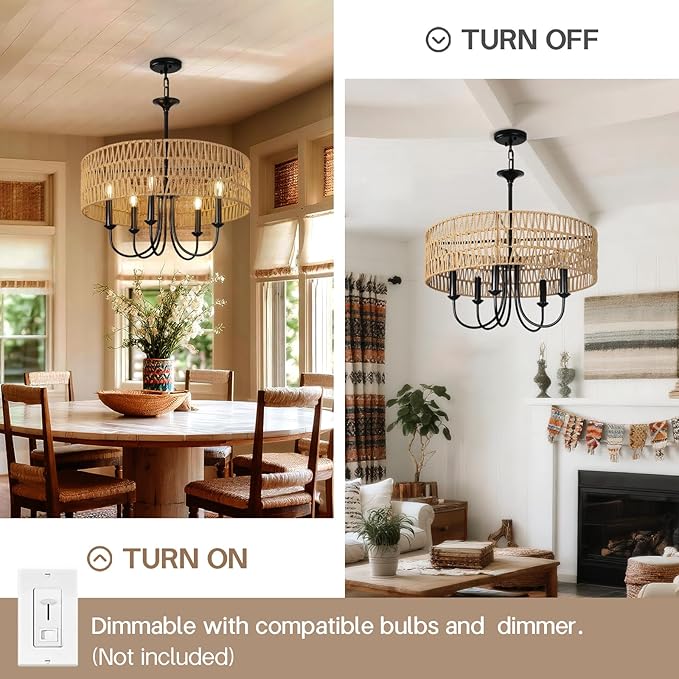 24 Inch Farmhouse Rattan Chandelier, Hand-Woven Boho Pendant Light Fixture with Black Metal Frame, Rustic Hanging Ceiling Lighting for Dining Room, Kitchen Island, Living Room, Bedroom