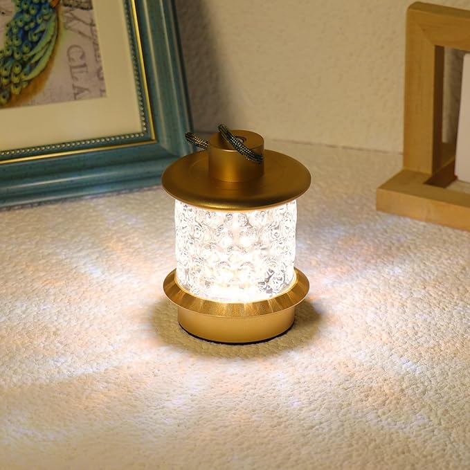 HAPYGI Portable Lantern Table Lamp - Dimmable Cordless Night Light with 3 Color Temperatures, Rechargeable Metal & Glass Outdoor Indoor Lamp for Patio Bedroom Bathroom Decor (Gold)