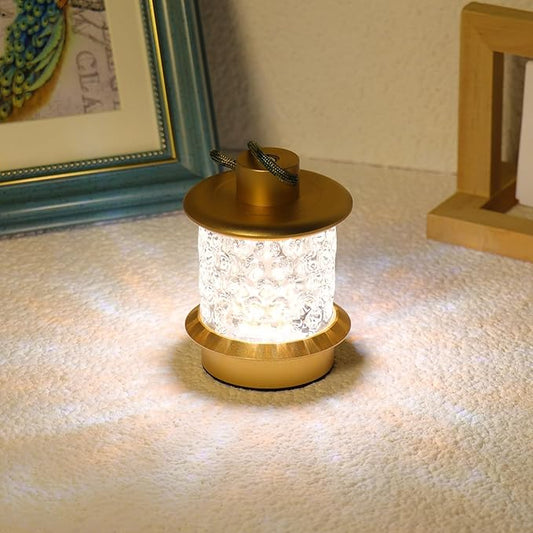 HAPYGI Portable Lantern Table Lamp - Dimmable Cordless Night Light with 3 Color Temperatures, Rechargeable Metal & Glass Outdoor Indoor Lamp for Patio Bedroom Bathroom Decor (Gold)