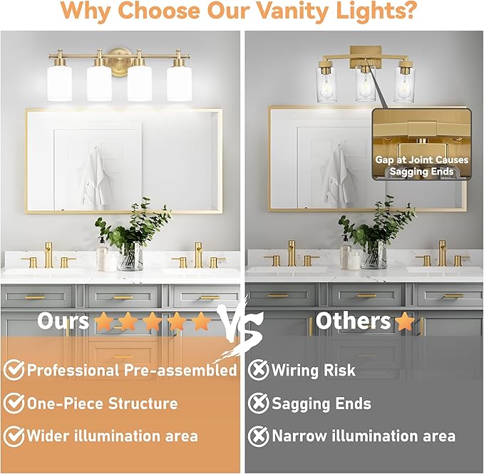4-Light Bathroom Vanity Light, Brushed Gold Vanity Lights for Bathroom, Modern Brushed Gold Wall Sconce with White Glass Shades, Anti-Rust Light Fixtures over Mirror (Bulbs Not Included, E26 Base)