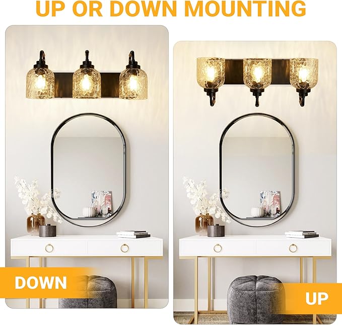 WJShome 3-Light Black Bathroom Vanity Light, Modern Vanity Lighting Fixture for Bathroom, Coastal Vanity Lights with Crystal Glass Shade, for Mirror Bedroom Hallway