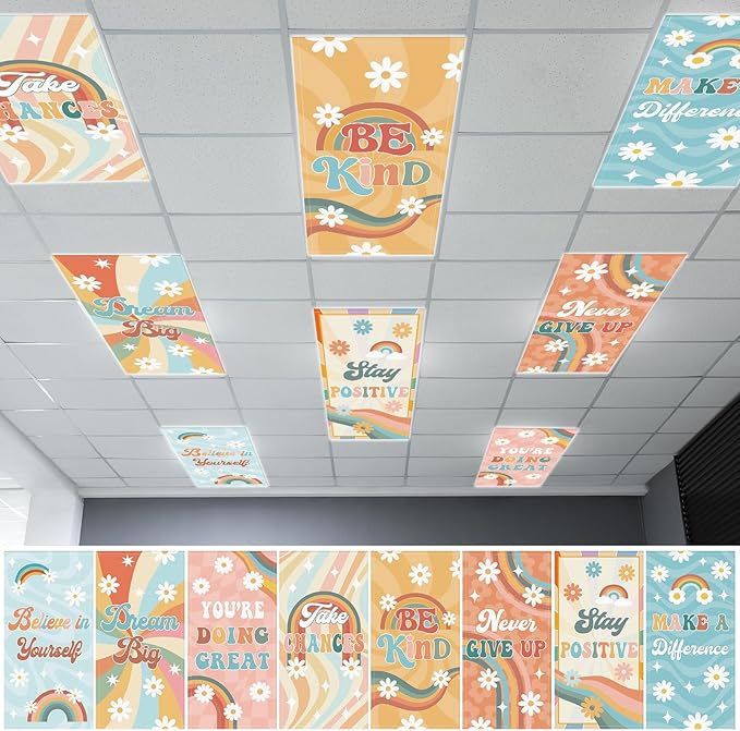 8Pcs Fluorescent Light Covers for Classroom Ceiling Lights,4 x 2 Feet Inspirational Sayings Magnetic Light Cover for Office Hospitals Home Drop Ceiling Windows Decorations (Groovy)