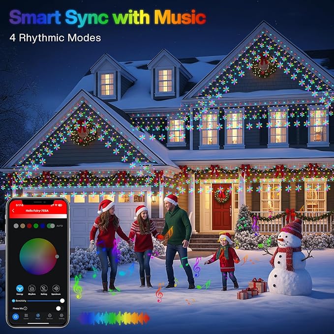 16FT Smart Icicle Lights with Snowflake for Outside, App Control DIY Color Changing 16 Drops 208LEDs Outdoor Christmas Lights Plug In Window Curtain Light for Room, Roofline, Eaves, Patio