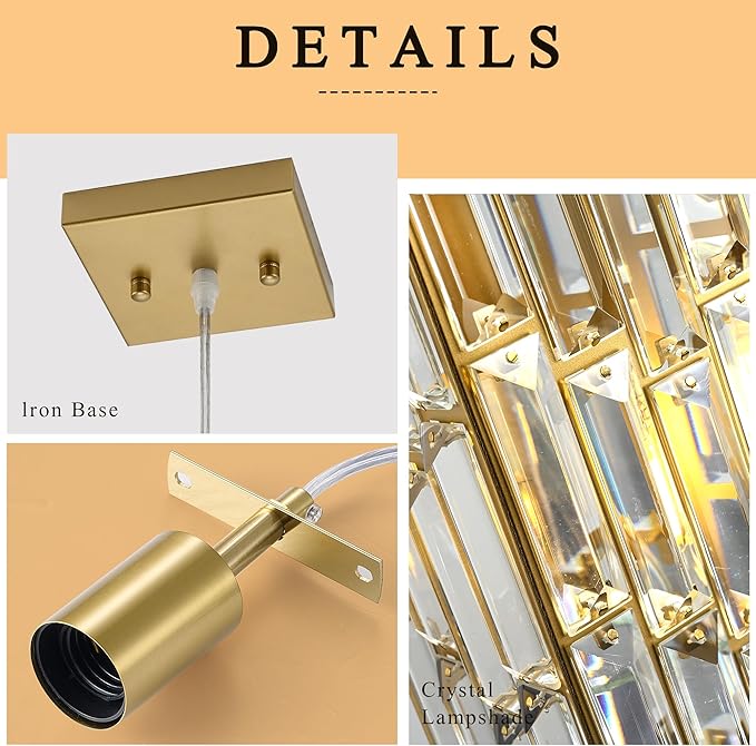 Pendant Lights Kitchen Island, Modern Golden Pendant Light Fixtures, Mini Crystal Chandelier, Adjustable Hanging Lights Fixture for Dinning Room Over Table Bedroom