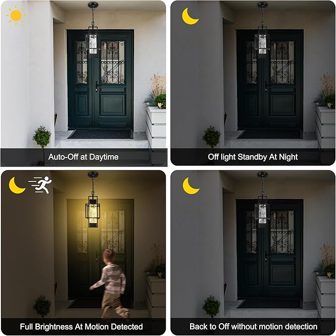 PARTPHONER Motion Sensor 15" Outdoor Pendant Light Exterior Hanging Lantern, Modern Black Metal Outside Chandelier Light Fixture Ceiling Mount with Water Glass for Front Porch Entrance Foyer Entryway