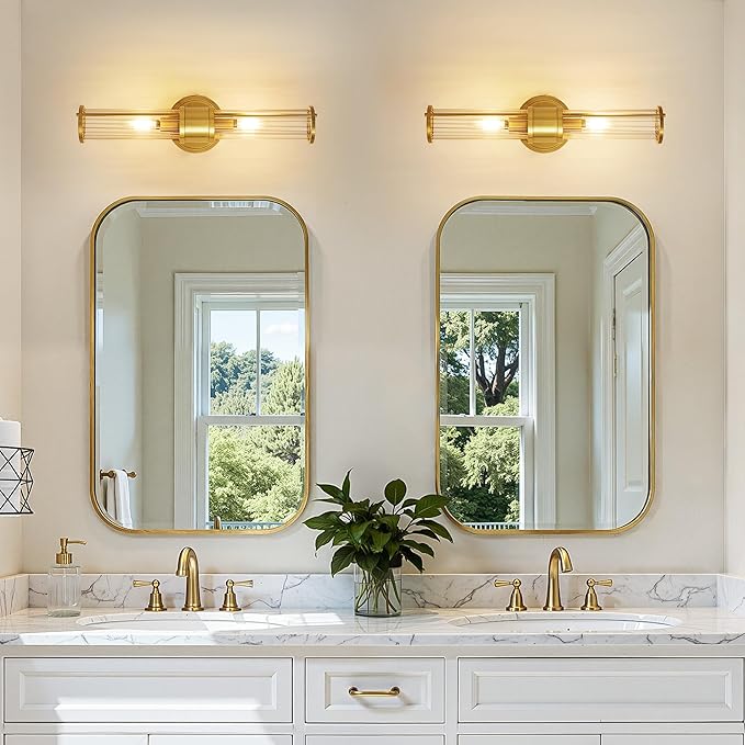 Brushed Gold Wall Sconces Set of 2, Modern Bathroom Vanity Light Fixture with Clear Glass Shades, Hardwired Brass Wall Mounted Lamp for Over Mirror, Hallway, Bedroom (E12 Bulbs Not Included)