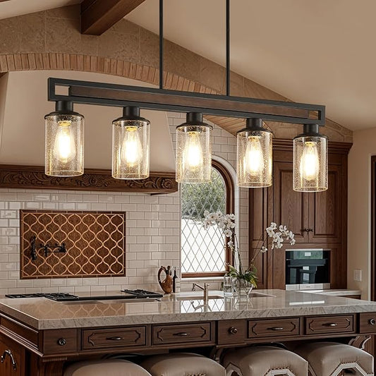 Farmhouse Dining Room Light Fixture, 5-Light Wood Kitchen Island Lighting for Dining Room Over Table, Black Adjustable Pendant Light with Seeded Glass Shades, Linear Chandeliers Lighting for Kitchen