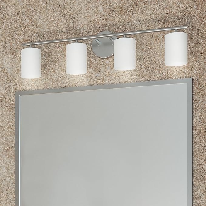 Progress Lighting 4-Light Etched White Glass Modern Bath Vanity Light, Replay Collection, Brushed Nickel (P2160-09)