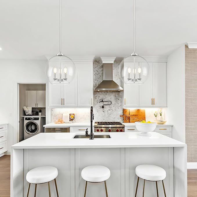 12" Globe Pendant Lights Kitchen Island Glass Globe Pendant Light Fixture Bedroom Mid Century Modern Pendant Lighting Nickel Pendant Light for Kitchen Island Dinning Room (Bulb Incl.)