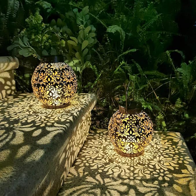 2 Pack Outdoor Solar Hanging Lantern Lights Metal LED Decorative Lamp for Garden Patio Courtyard Lawn and Table with Hollowed-Out Design (Bronze)