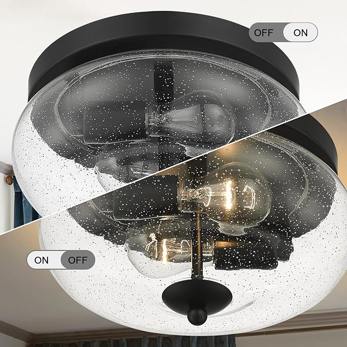 Darkaway Black Ceiling Light Fixtures, Indoor Outdoor Flush Mount Ceiling Light with Seeded Glass Shade for Farmhouse Hallway Kitchen Bedroom Porch Living Dining Room