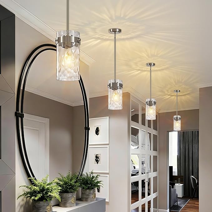 Hammered Glass Pendant Lighting for Kitchen Island 2 Pack, Modern Brushed Nickel Pendant Light Fixtures 4.72", Adjustable Ceiling Pendant Light for Kitchen Island Dining Room Hallway