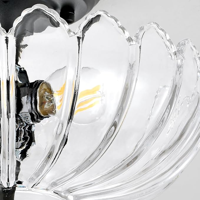 Clear Glass Ceiling Light Fixture - Handmade Art Glass Semi Flush Mount Lighting with 3 E26 Bases, Crystal-Like Transparency for Bedroom Kitchen Hallway, Modern Vintage Home Decor